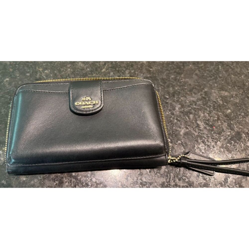 Coach Black Leather Organizer Wristlet 7" x 4" w/ Gold double Zip-Around Closure